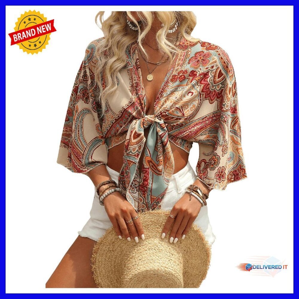 Boho Tie Front Crop Top 3/4 Sleeve Blouse Chiffon Loose Fit